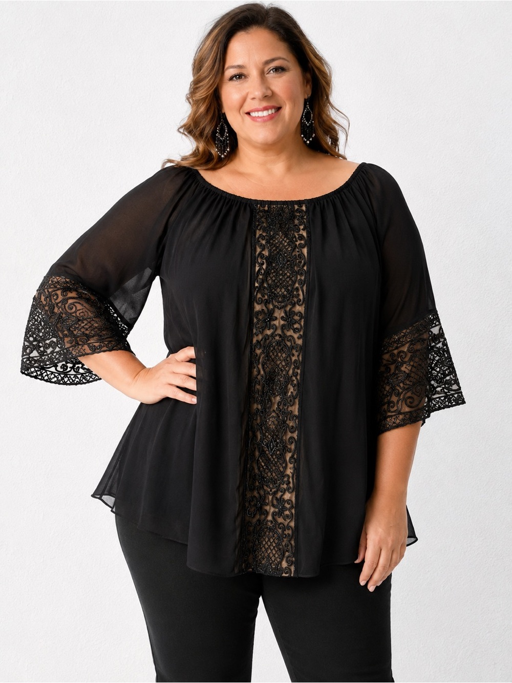 Vintage Collection Plus Size Black Lace-Trim Peasant Blouse L